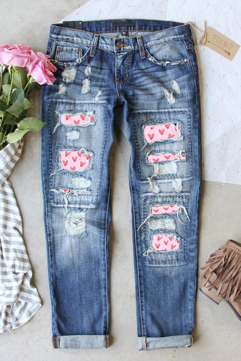 Sky Blue Valentine'S Day Heart Patchwork Jeans